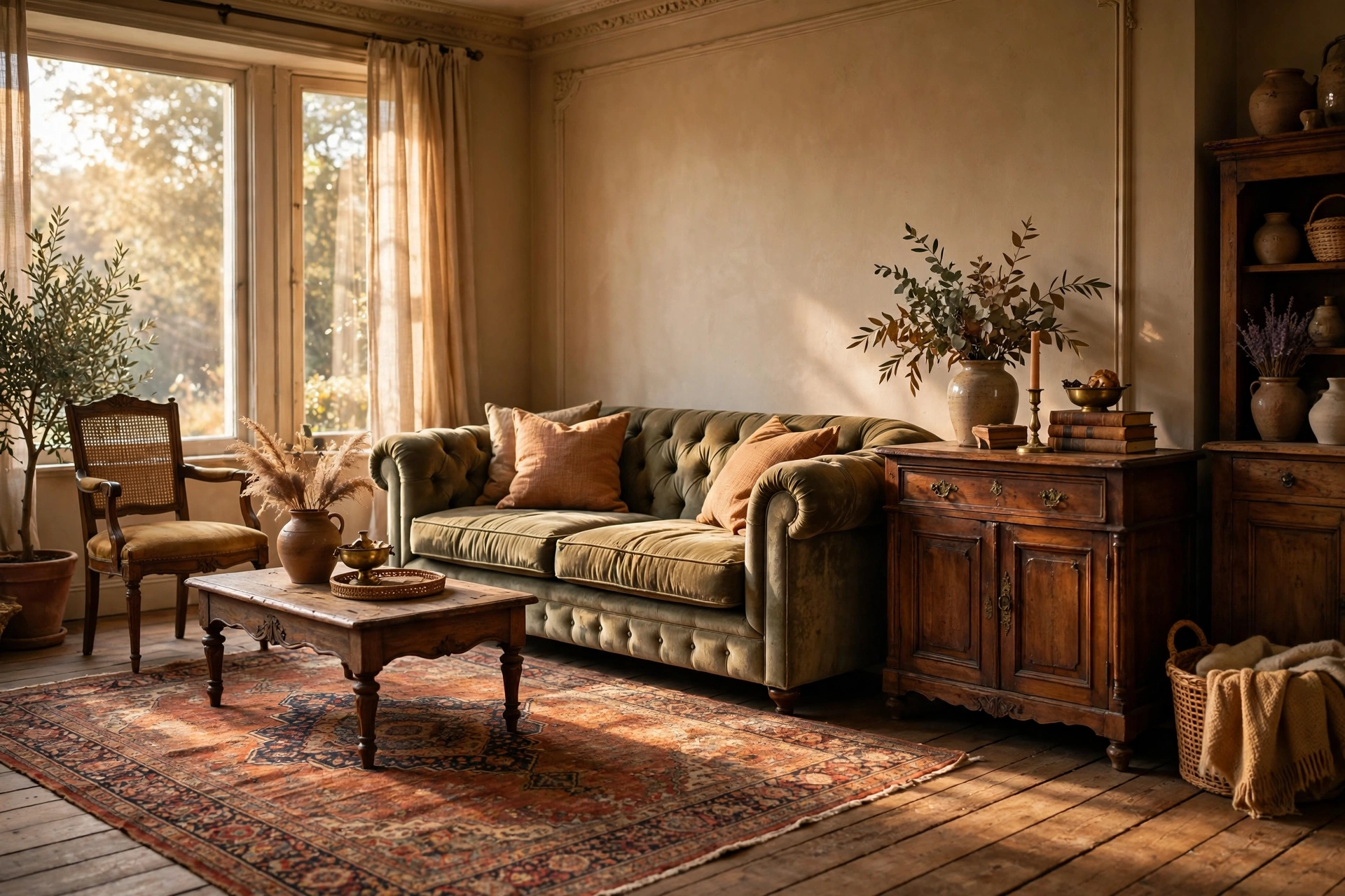 Warm vintage living room with tufted sofa, Persian rug and antique wood furniture