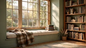 Cozy reading nook design ideas — built-in window seat with cushions, throw blanket, books and warm sunlight