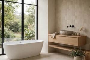 Serene Japandi bathroom with freestanding soaking tub, oak vanity and soft daylight