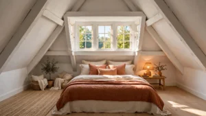 Cozy attic bedroom design ideas — white sloped ceilings, dormer window, and layered neutral bedding