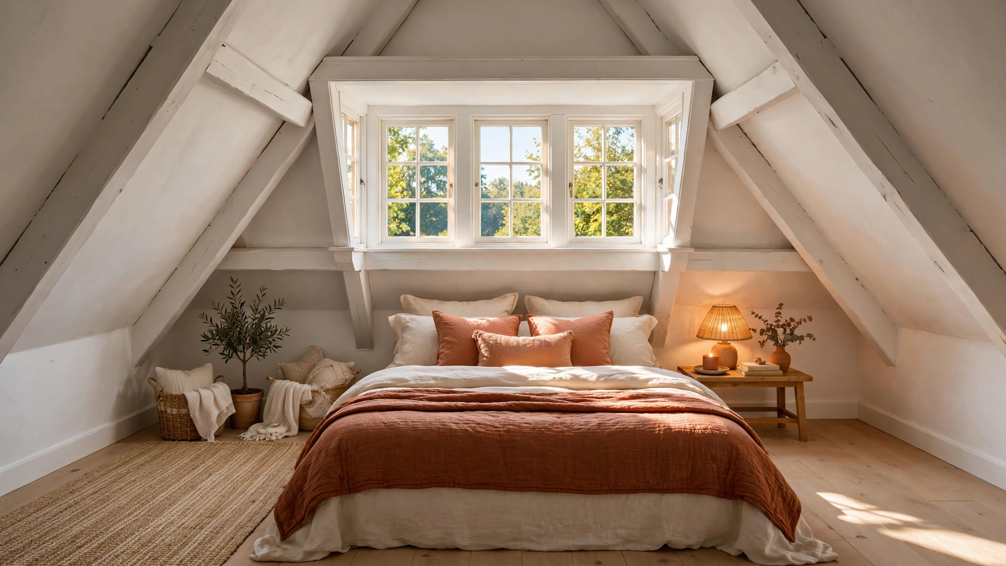 Cozy attic bedroom design ideas — white sloped ceilings, dormer window, and layered neutral bedding