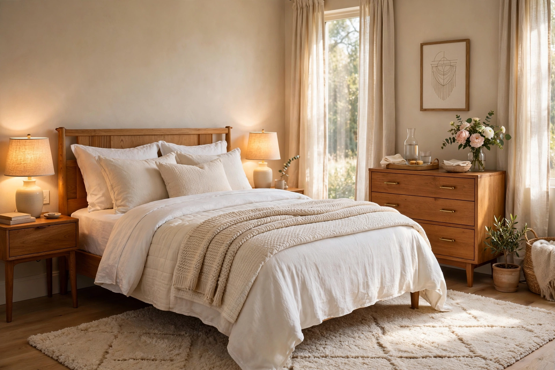 Warm welcoming guest bedroom design ideas with layered bedding, bedside lamps and soft neutral tones