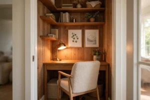 Small closet office design ideas: cozy cloffice nook with desk, shelves and warm lighting inside a closet alcove