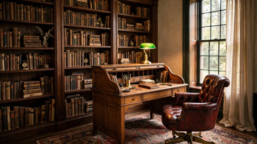 Vintage home office design ideas: warm study with roll-top desk, leather chair, brass lamp and dark wood bookcases
