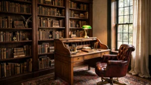Vintage home office design ideas: warm study with roll-top desk, leather chair, brass lamp and dark wood bookcases