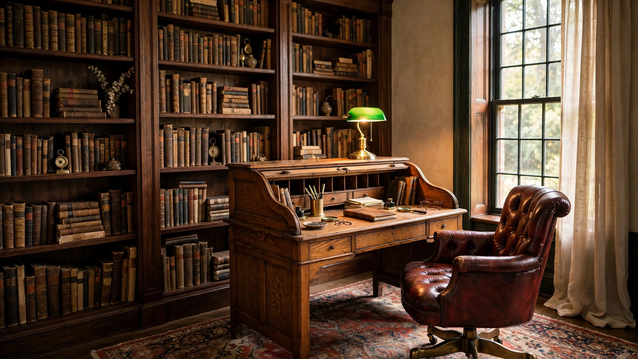 Vintage home office design ideas: warm study with roll-top desk, leather chair, brass lamp and dark wood bookcases