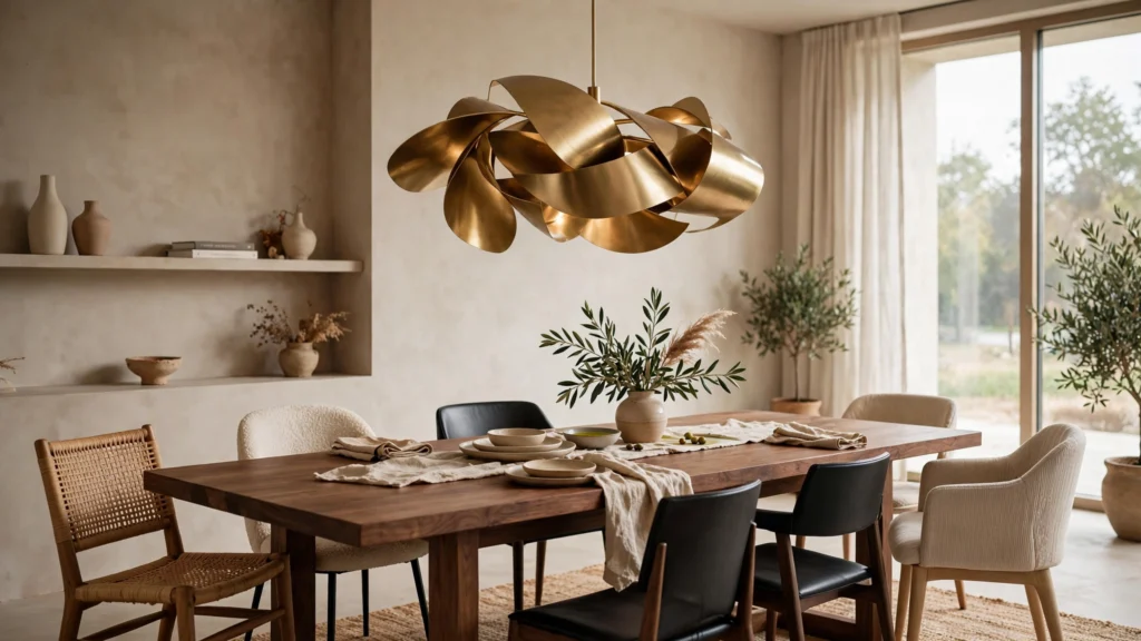 Modern dining room with sculptural pendant light over a wood table and mixed chairs