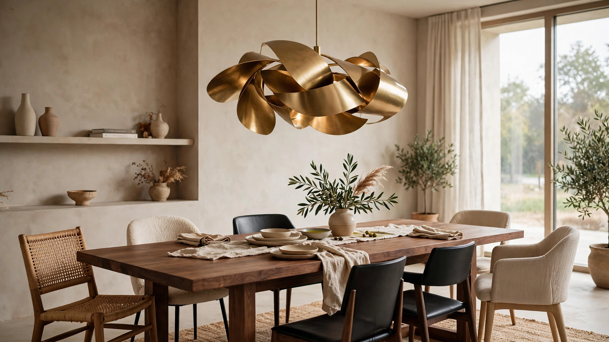 Modern dining room with sculptural pendant light over a wood table and mixed chairs