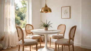 Small dining room with a round pedestal table, four chairs, pendant light and bright airy decor