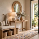 Entryway decor ideas: a warm welcoming entrance with a styled console table, round mirror, bench, and runner rug