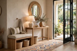 Entryway decor ideas: a warm welcoming entrance with a styled console table, round mirror, bench, and runner rug