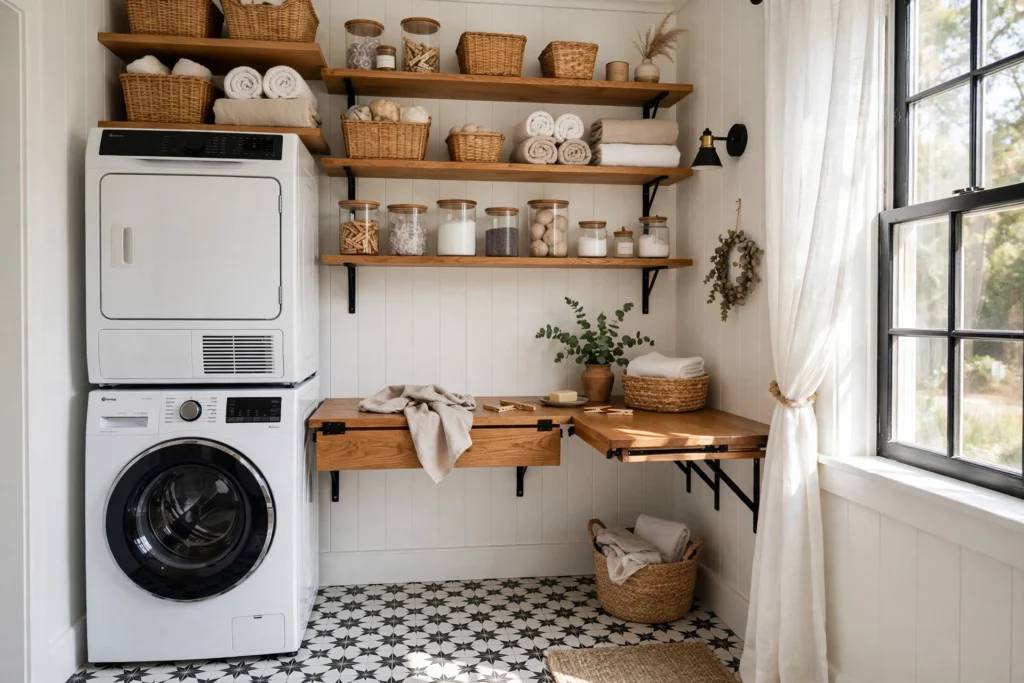 Small laundry room design ideas with stacked washer and dryer, wooden folding counter, open shelves with baskets and patterned floor tile