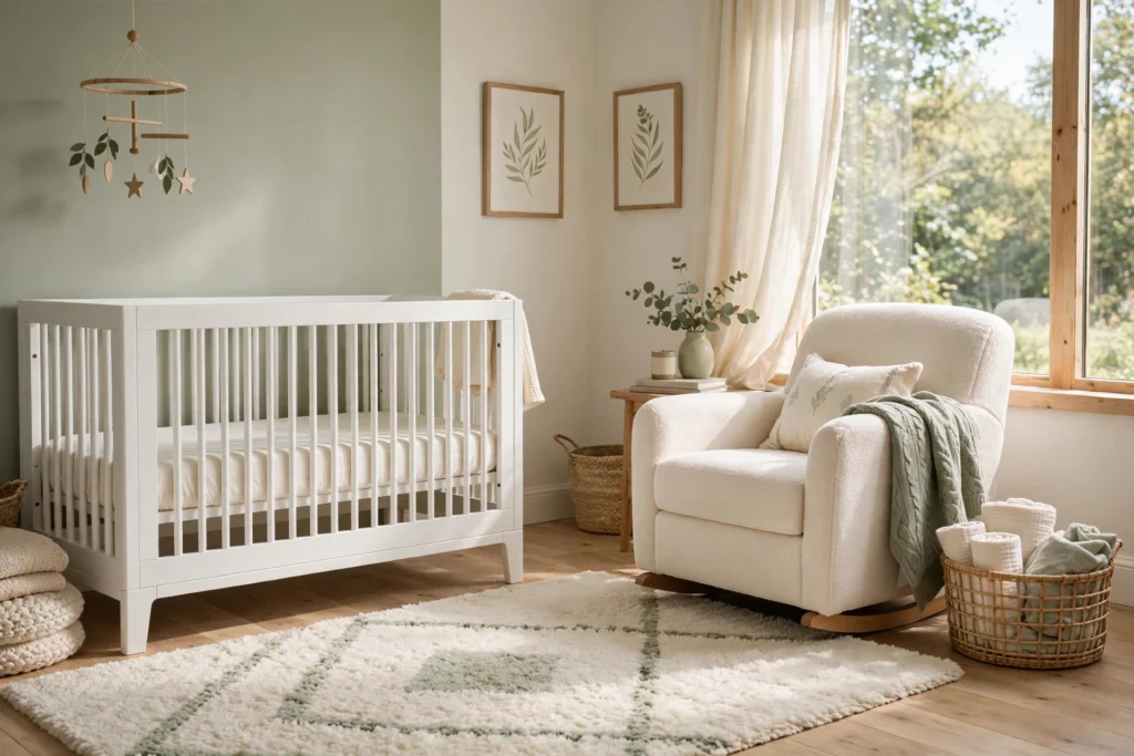 Serene nursery with white crib, glider rocker, soft neutral colors and plush rug