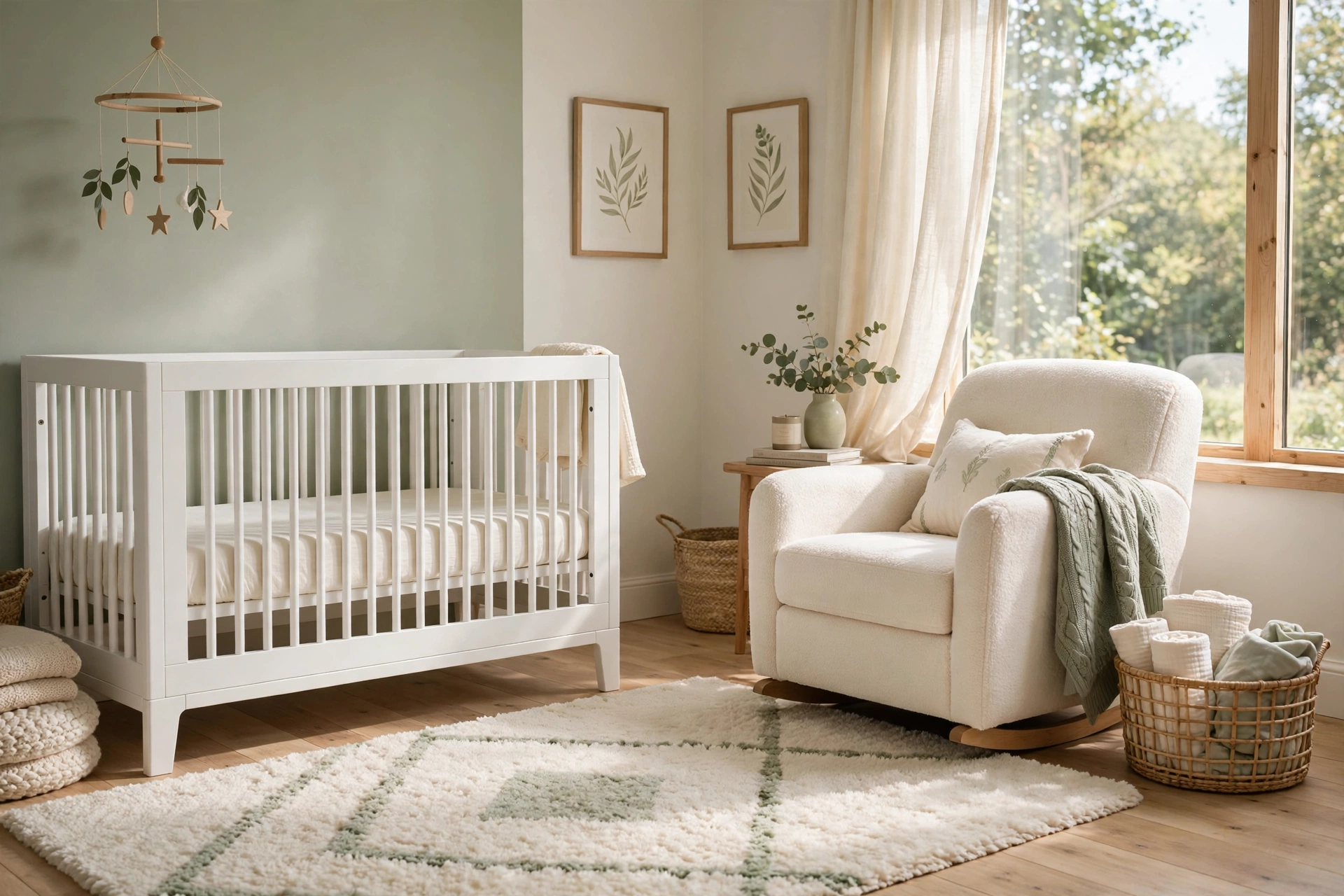 Serene nursery with white crib, glider rocker, soft neutral colors and plush rug