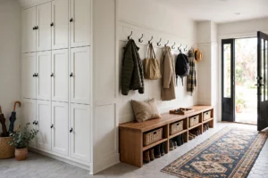 Organized mudroom design ideas with built-in lockers, bench seating and hooks by the entryway