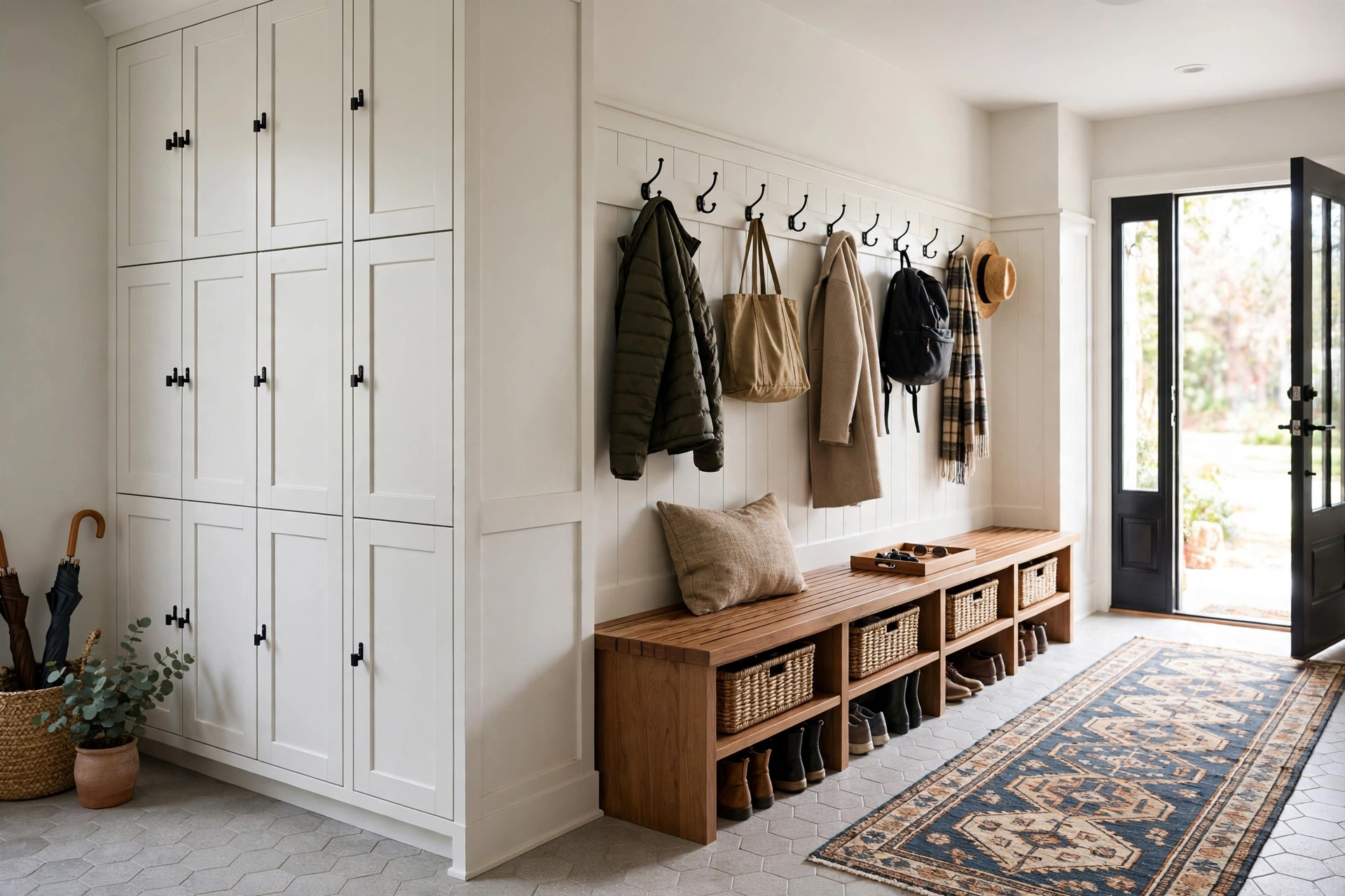 Organized mudroom design ideas with built-in lockers, bench seating and hooks by the entryway