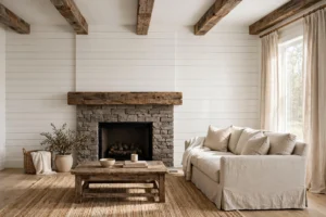 Warm farmhouse living room with shiplap walls, wood beams, stone fireplace and slipcovered sofa