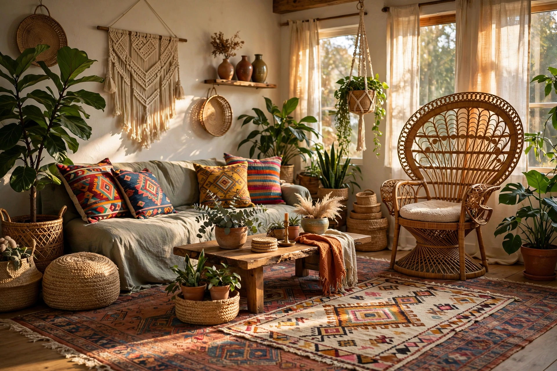Boho living room design ideas with layered rugs, rattan chair, plants and colorful textiles