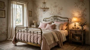 Vintage bedroom design ideas with antique brass bed, quilted bedding and soft lamplight