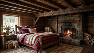 Rustic bedroom design ideas with wood beams, plaid bedding and warm cabin atmosphere