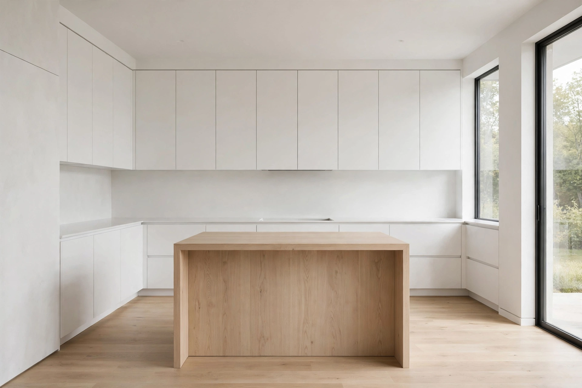 Minimalist kitchen design ideas with white flat-front cabinets, clear counters and oak island