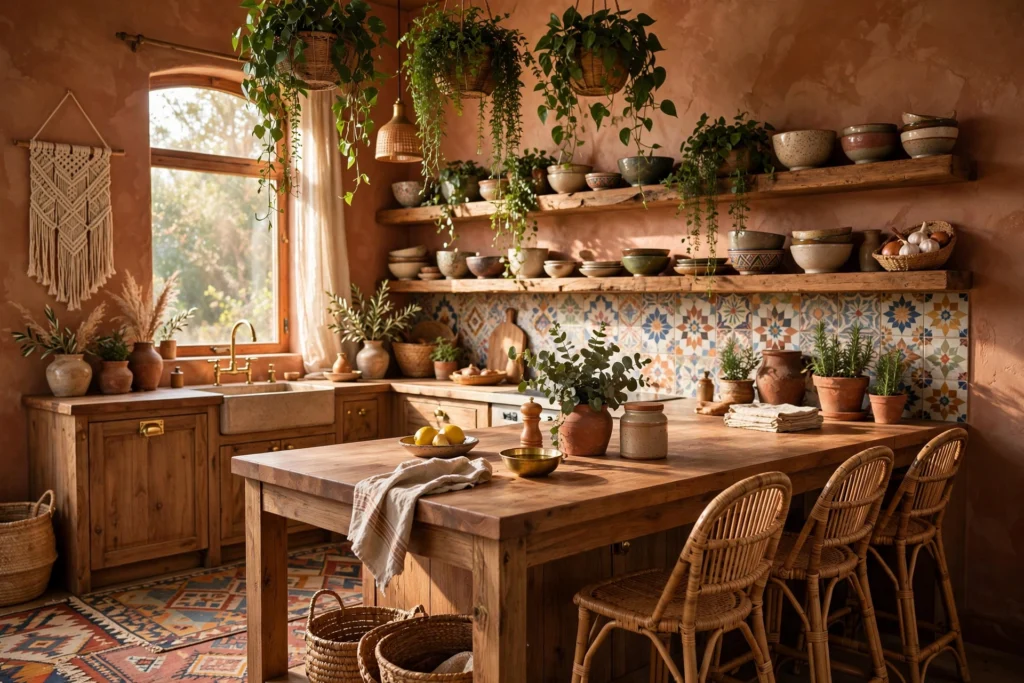 Boho kitchen design ideas with terracotta walls, open wood shelves, patterned tile backsplash, rattan stools and hanging plants