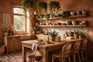 Boho kitchen design ideas with terracotta walls, open wood shelves, patterned tile backsplash, rattan stools and hanging plants