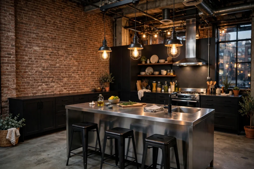 Industrial kitchen design ideas with exposed brick wall, stainless steel island, black metal pendant lights and concrete floors in a loft-style kitchen
