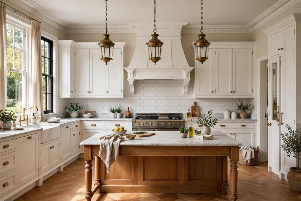 Traditional kitchen design ideas with white shaker cabinets, marble countertops, brass hardware and a classic range hood