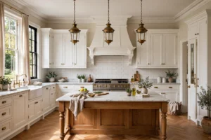 Traditional kitchen design ideas with white shaker cabinets, marble countertops, brass hardware and a classic range hood
