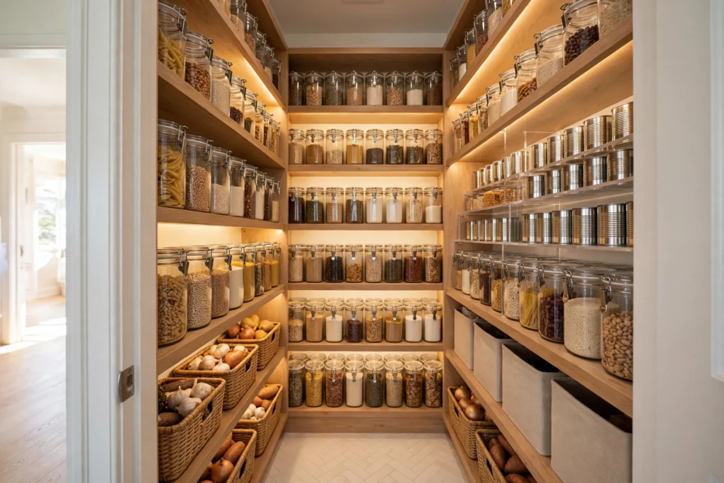 Small pantry design ideas: a tiny organized pantry with shelves, baskets and clear containers maximizing every inch