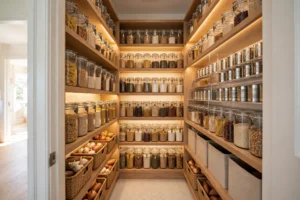 Small pantry design ideas: a tiny organized pantry with shelves, baskets and clear containers maximizing every inch