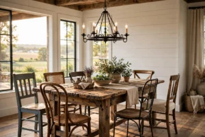 Farmhouse dining room design ideas: a reclaimed wood table, mismatched chairs, shiplap wall and iron chandelier