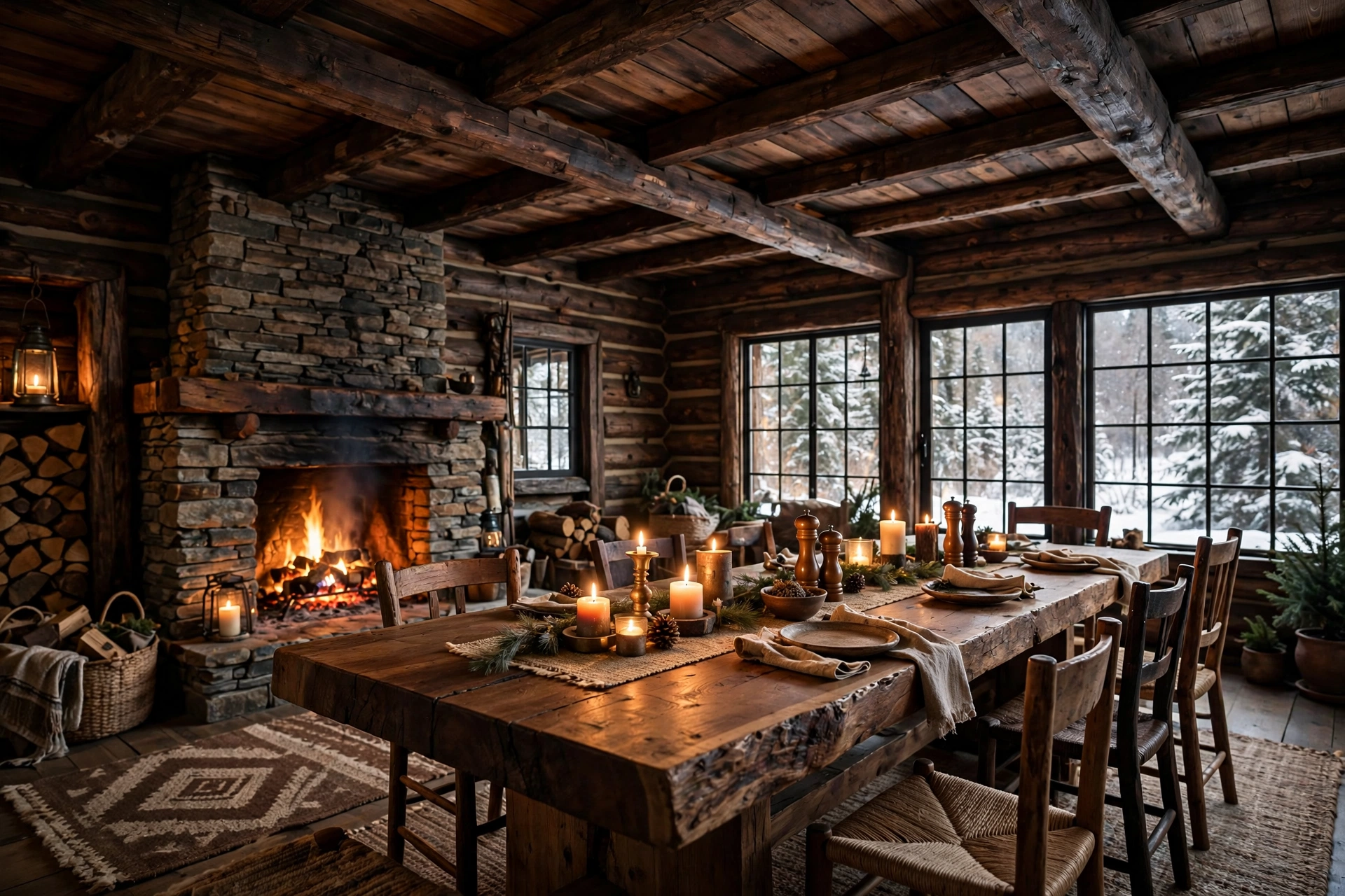 Rustic dining room design ideas: a solid wood table, beams overhead, stone fireplace and warm candlelight