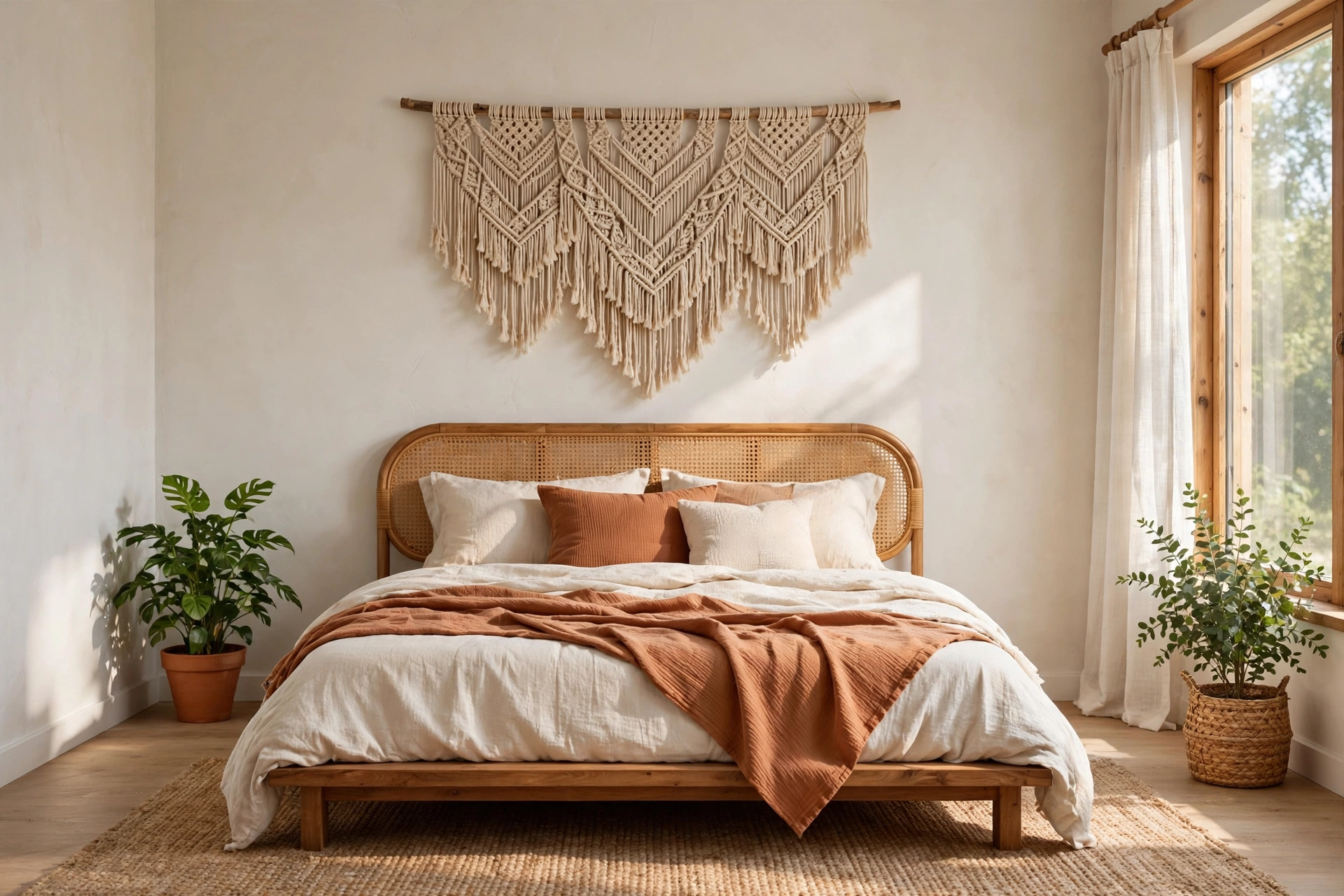 Relaxed boho bedroom with rattan headboard, layered terracotta textiles and plants