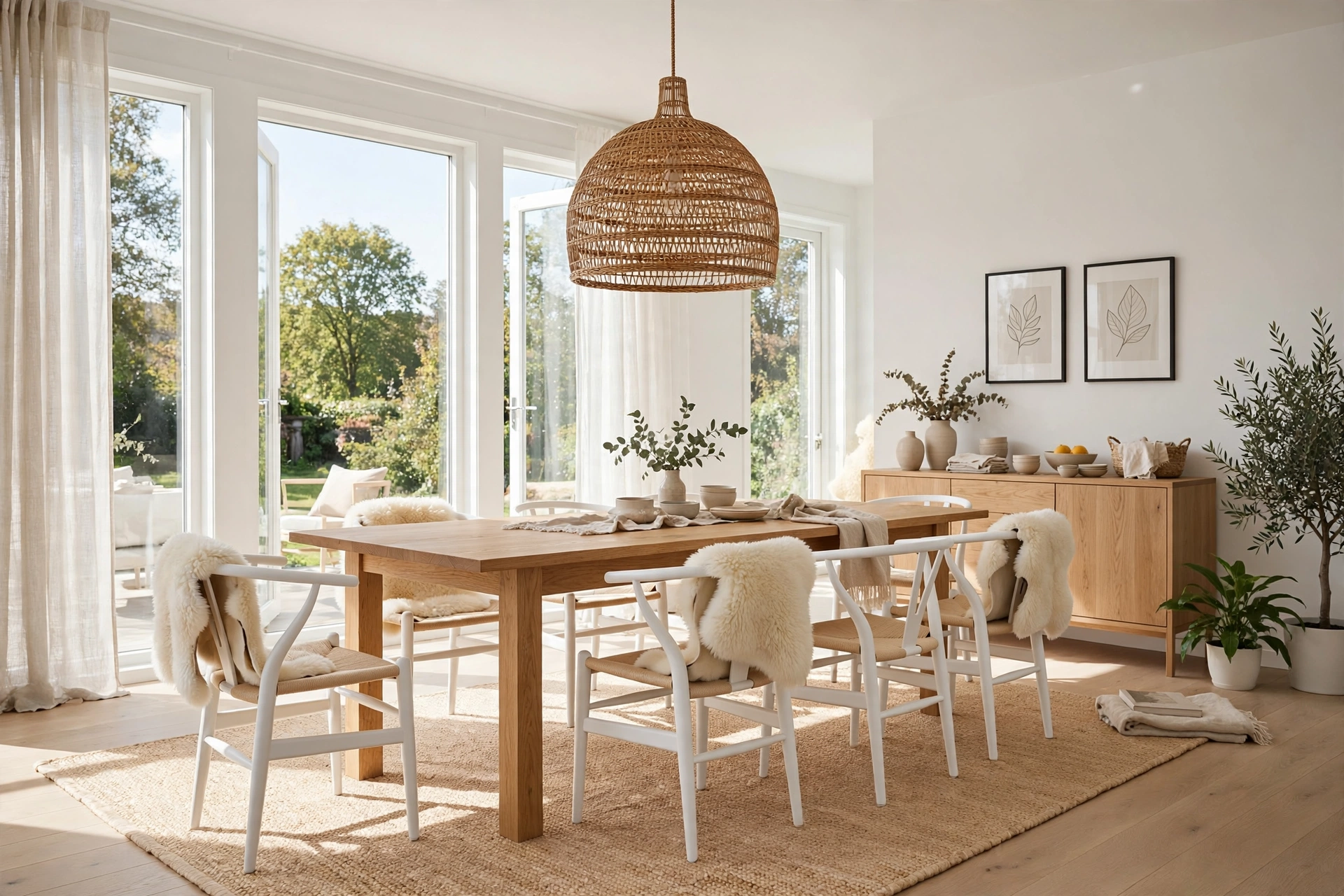 Bright Scandinavian dining room with light oak table, white wishbone chairs, pendant light and sheepskin throws
