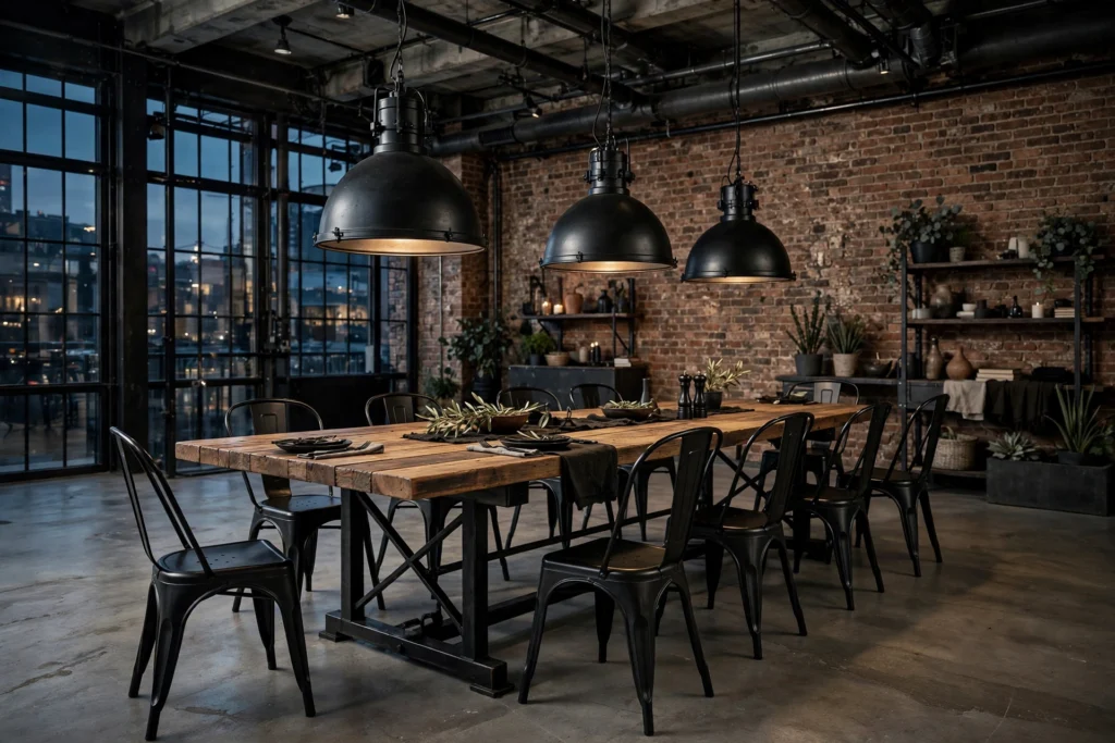 Industrial dining room with reclaimed wood table, black metal chairs, exposed brick wall and oversized pendants