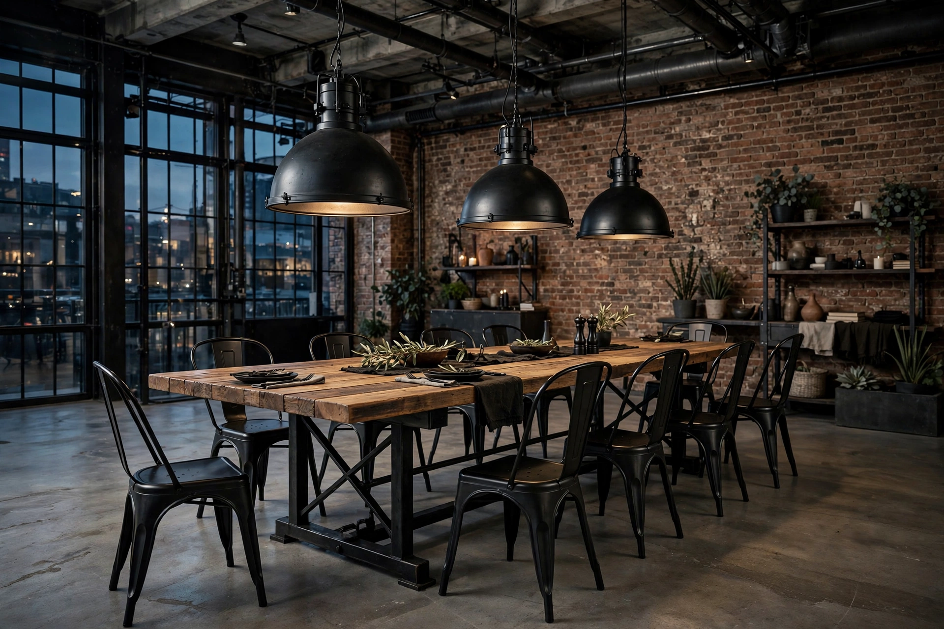 Industrial dining room with reclaimed wood table, black metal chairs, exposed brick wall and oversized pendants