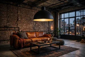 Industrial living room with exposed brick wall, cognac leather sofa, black steel details and oversized pendant