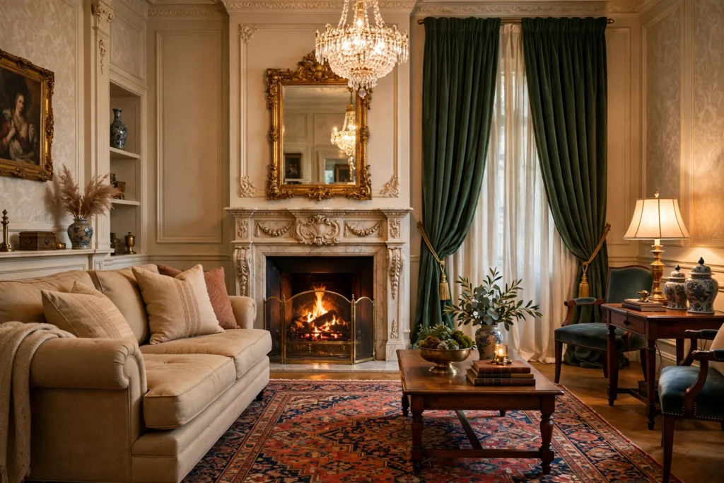 Traditional living room design ideas with a rolled-arm sofa, fireplace, Persian rug and crystal chandelier