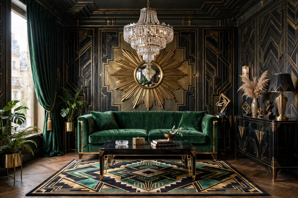 Art deco living room design ideas with velvet sofa, sunburst mirror, brass accents and geometric patterns