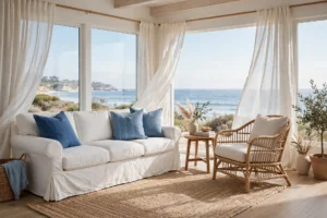 Coastal living room design ideas with white slipcovered sofa, blue accents, jute rug and ocean views