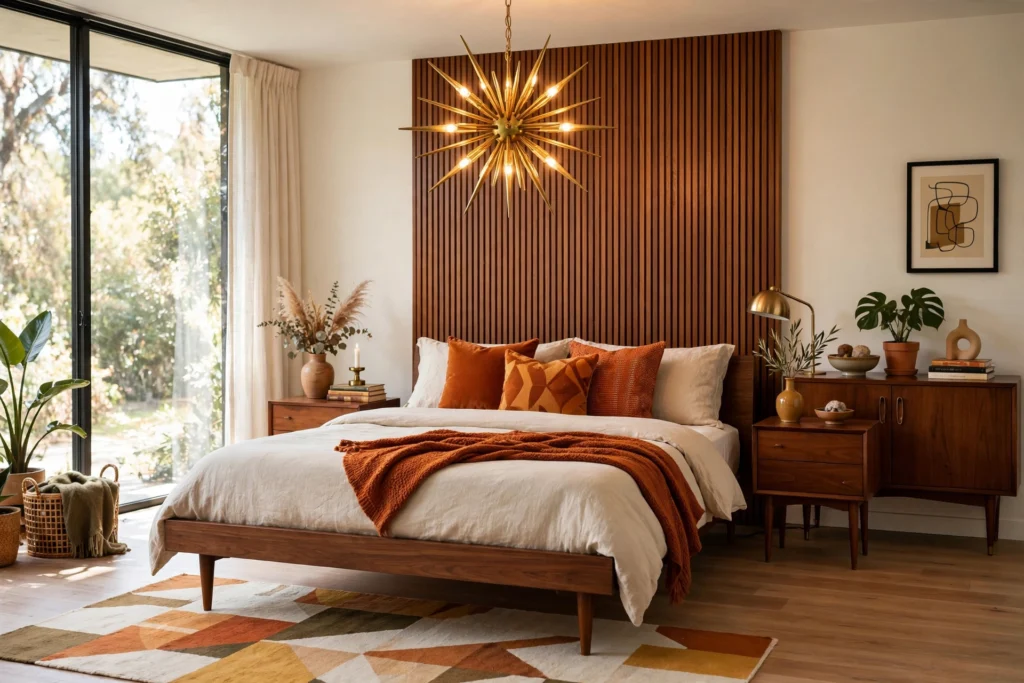 Mid-century modern bedroom design ideas with low walnut platform bed, starburst chandelier and retro orange accents