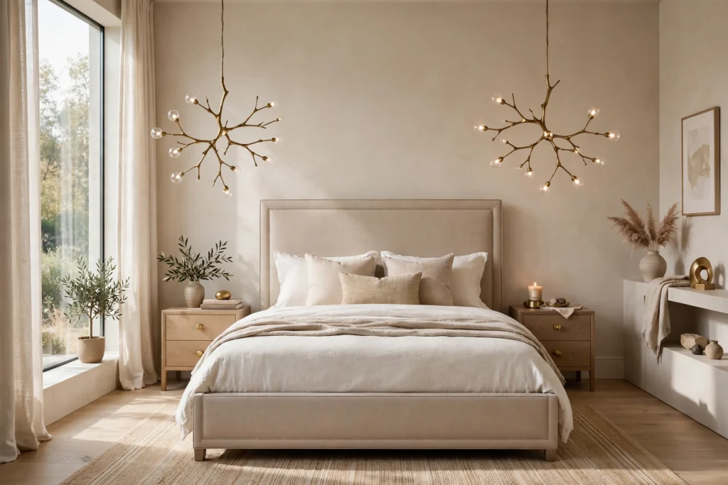 Contemporary bedroom design ideas with clean-lined upholstered bed, sculptural lighting and calm neutral palette