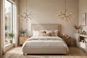 Contemporary bedroom design ideas with clean-lined upholstered bed, sculptural lighting and calm neutral palette
