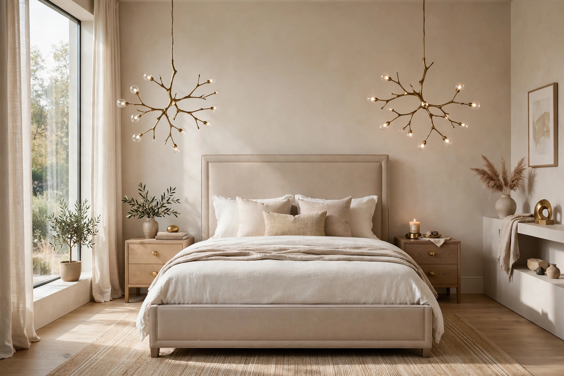 Contemporary bedroom design ideas with clean-lined upholstered bed, sculptural lighting and calm neutral palette