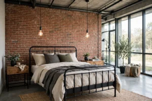 Industrial bedroom design ideas with exposed brick wall, black metal bed frame and Edison bulb lighting