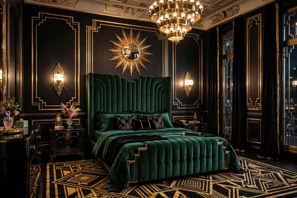 Art deco bedroom design ideas with emerald velvet bed, gold accents and geometric glamour