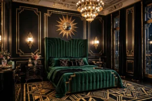 Art deco bedroom design ideas with emerald velvet bed, gold accents and geometric glamour