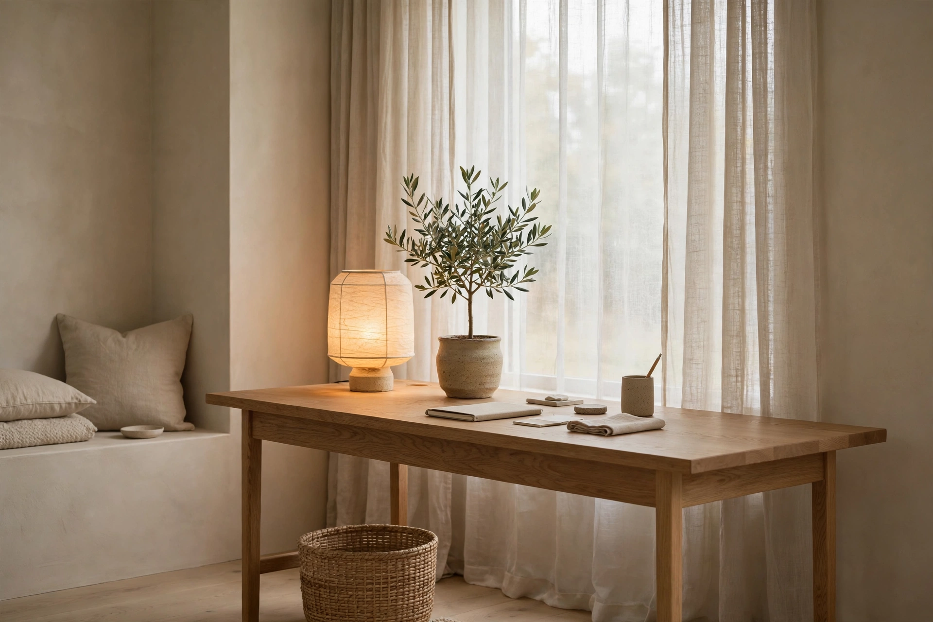 Calm Japandi home office with oak desk, paper lamp, olive tree and sheer curtains